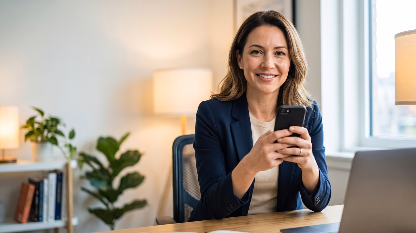 Airbnb host smiling at her phone while managing listings organized by property