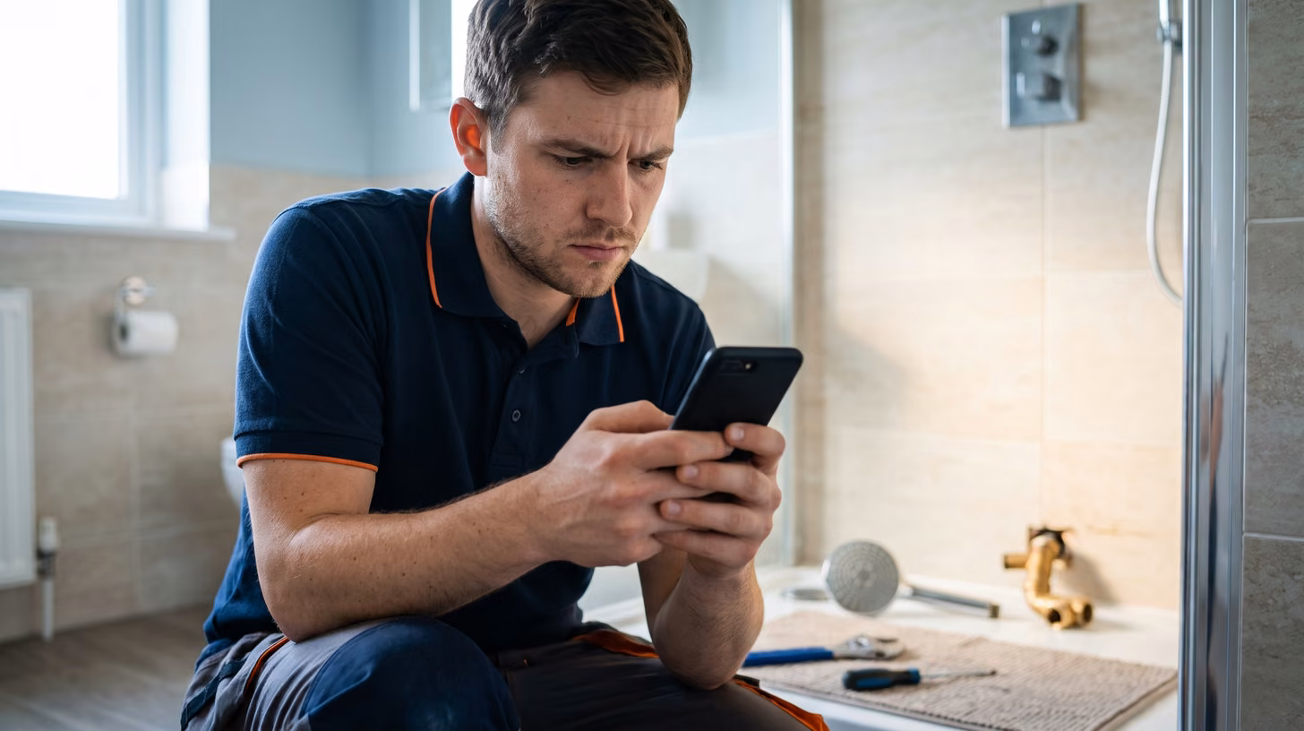 Repairman following picture task instructions on his phone while repairing a shower