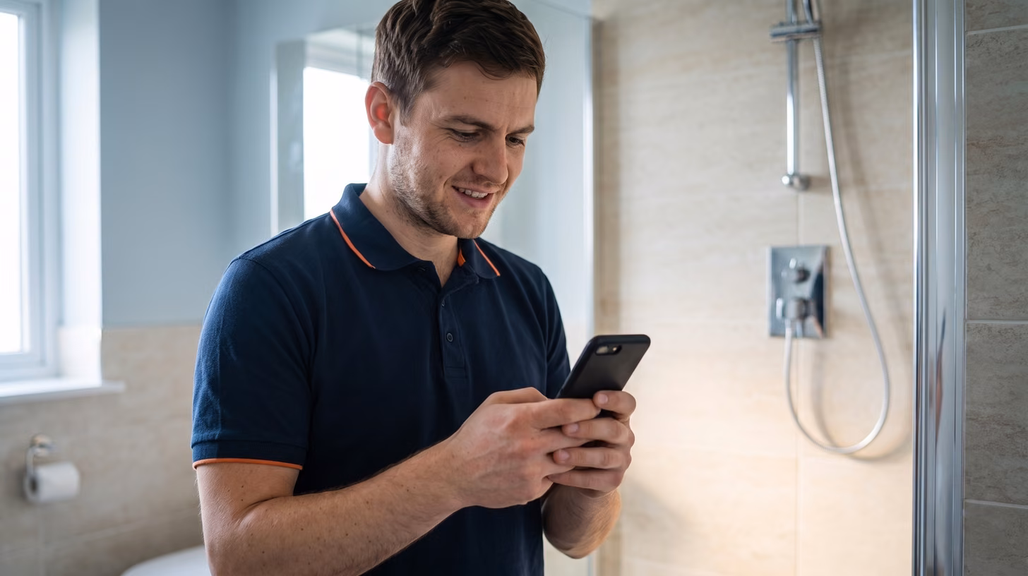 Repairman smiling at photo proof of his completed tap replacement
