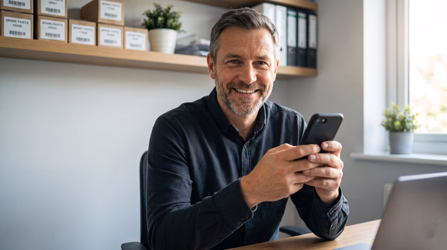 Repair team boss smiling at his phone as new technicians onboard with picture-based tasks