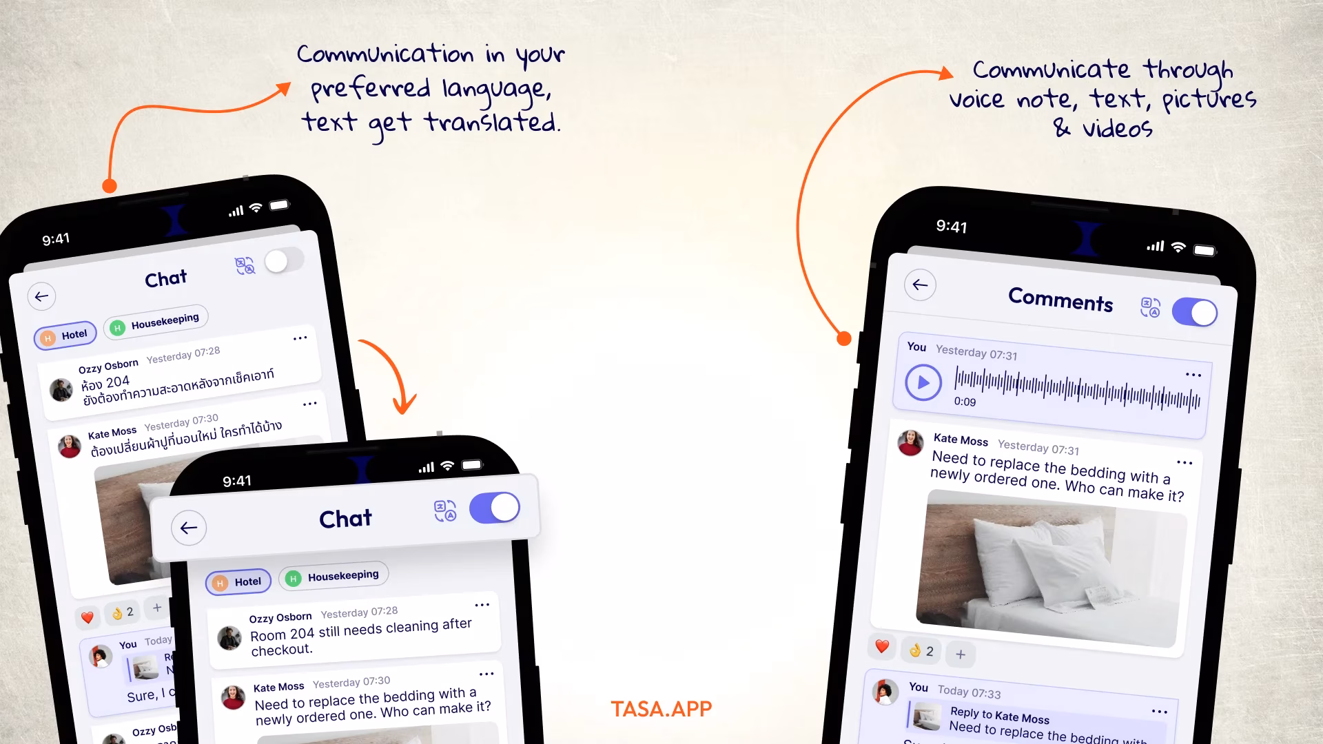 Tasa communication interface, real-time translation, voice note, picture, video, and text