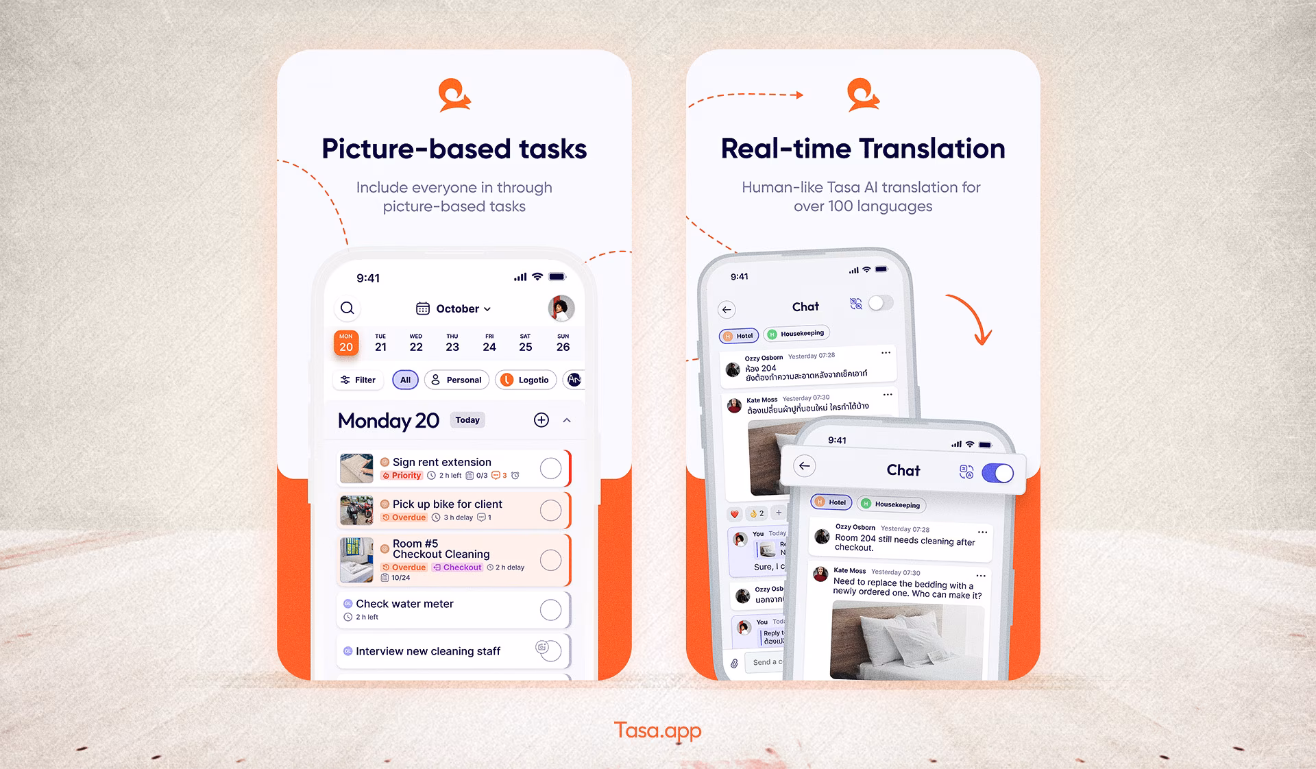 Tasa app visual interface: picture-based task & real-time translation