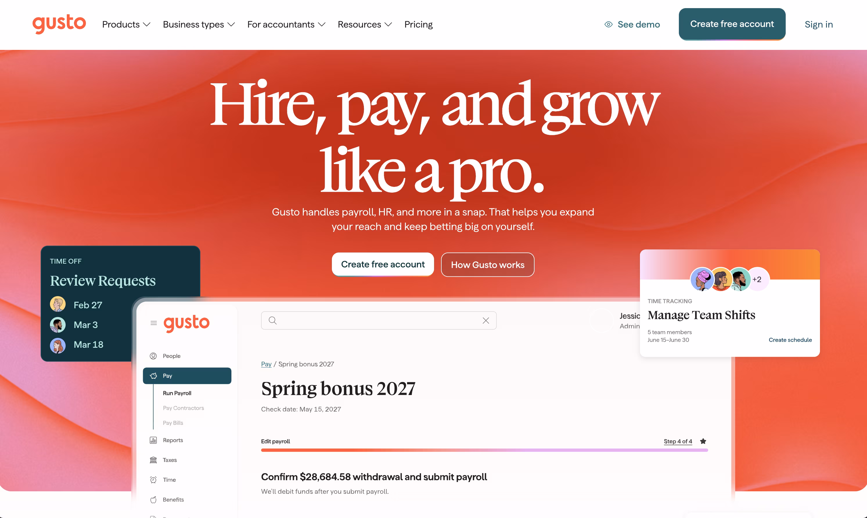 Gusto website view -  payroll & HR