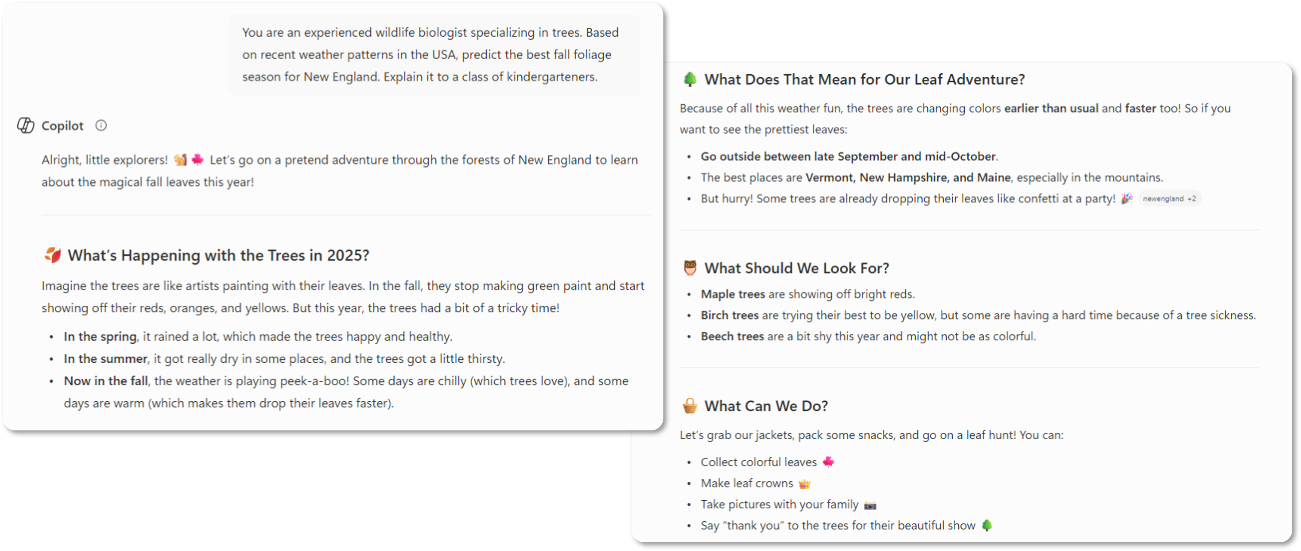 A screenshot example of how AI responds to a more detailed, human prompt