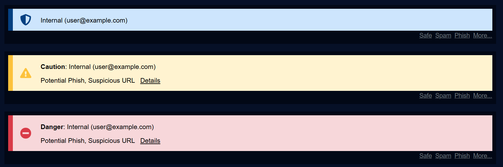 INKY email banners: a blue Internal banner, a yellow Caution banner marking a potential phishing message, and a red Danger banner marking a potential phishing message.