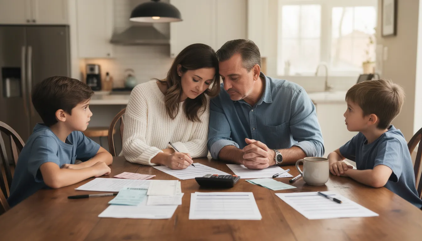A family is gathered around a kitchen table, reviewing papers and using a calculator, indicating a discussion about finances and possibly managing debt. The scene reflects a moment of collaboration and planning, emphasizing the importance of wise financial decisions in life.