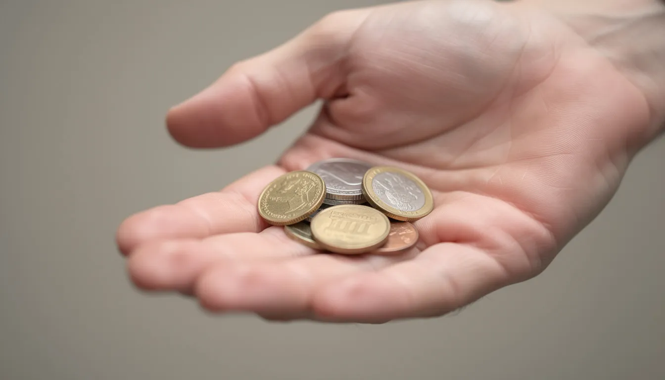 An open hand holds a few coins against a neutral background, symbolizing the concept of debt and financial responsibility. This image evokes themes from biblical references about lending and borrowing, reminding us of the importance of serving God and managing wealth wisely.