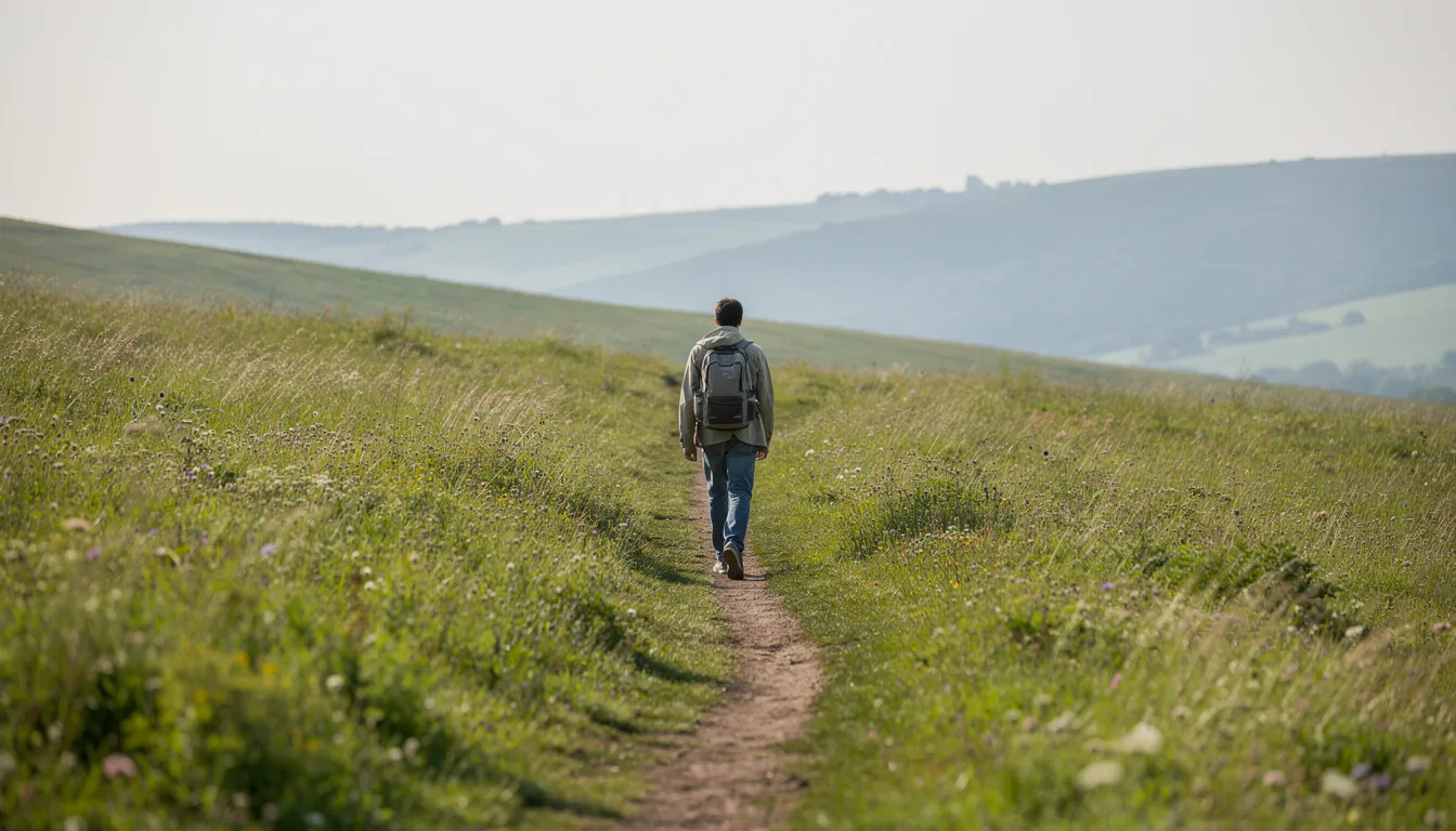 A person is walking along an open path through a lush green field, heading towards distant hills under a clear blue sky. This serene scene evokes a sense of freedom and the journey of life, reminding one to trust God and seek true riches beyond material wealth.