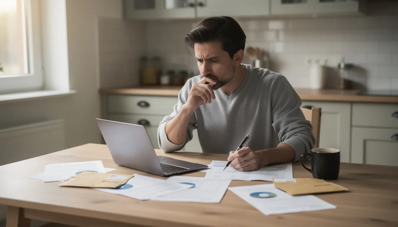 A person sits at a kitchen table, deep in thought as they review financial documents on a laptop, surrounded by papers. This scene reflects the importance of faithful stewardship and wise financial decisions, emphasizing a biblical perspective on managing resources for God's glory.