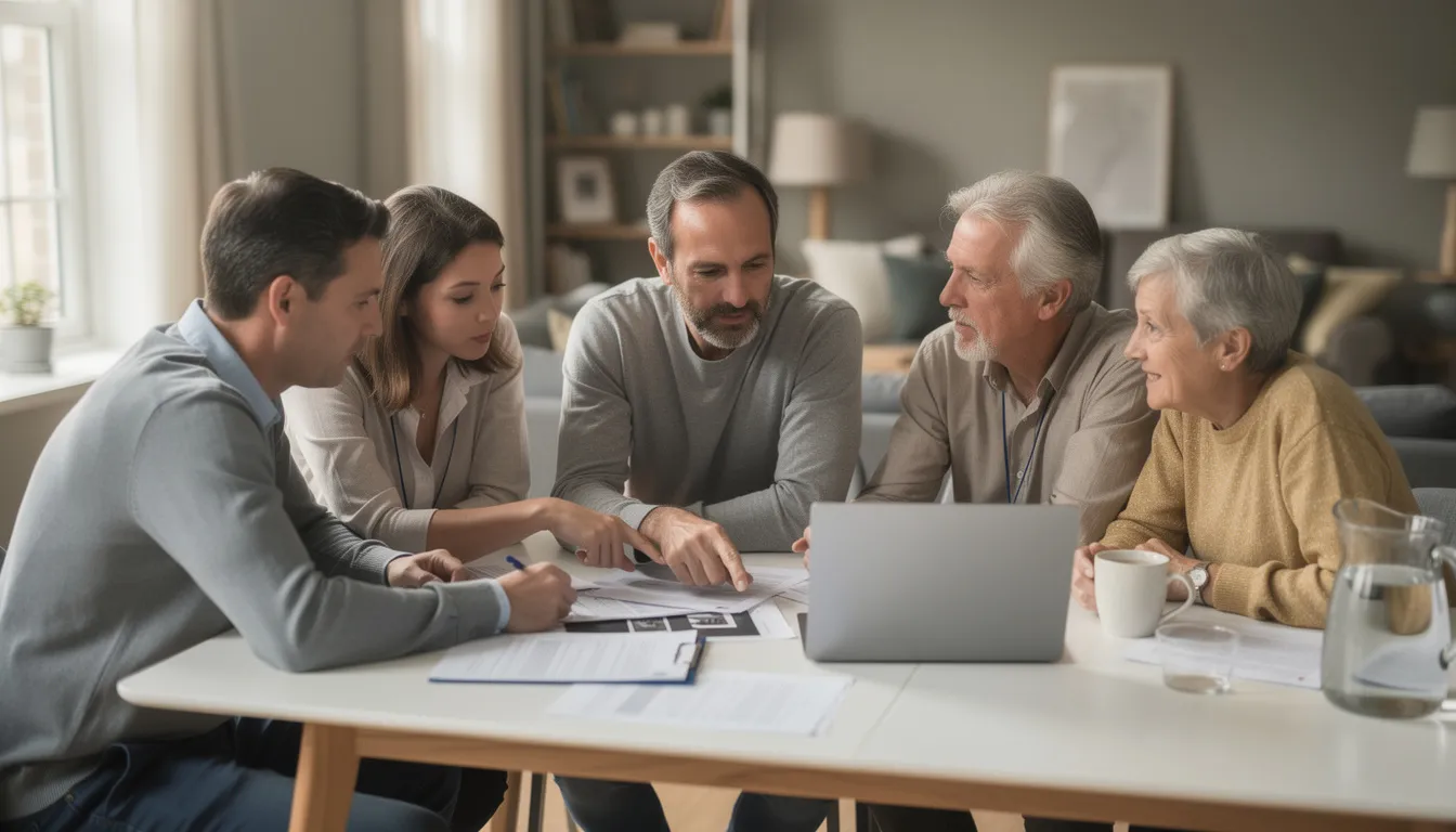 A family is gathered around a dining table, actively discussing financial papers and a laptop, showcasing their engagement in making important financial decisions. Their conversation reflects a commitment to biblical principles of stewardship, as they seek wise counsel and explore practical ways to manage their financial resources in a way that honors God.