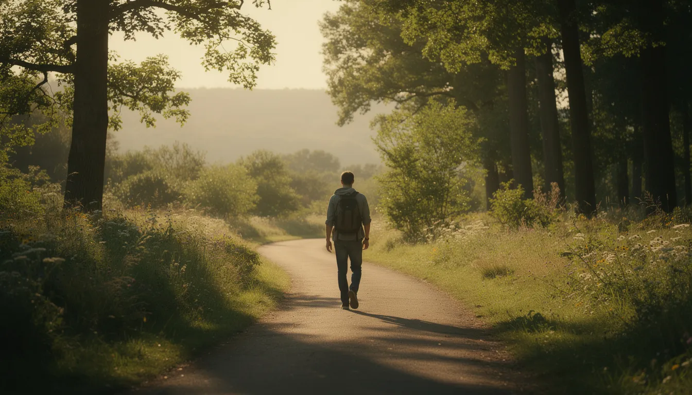 A person walks along a serene nature path, symbolizing a journey guided by faith and biblical principles. This peaceful scene reflects the importance of good stewardship and the belief that God owns all resources, encouraging a debt-free lifestyle and wise financial decisions.
