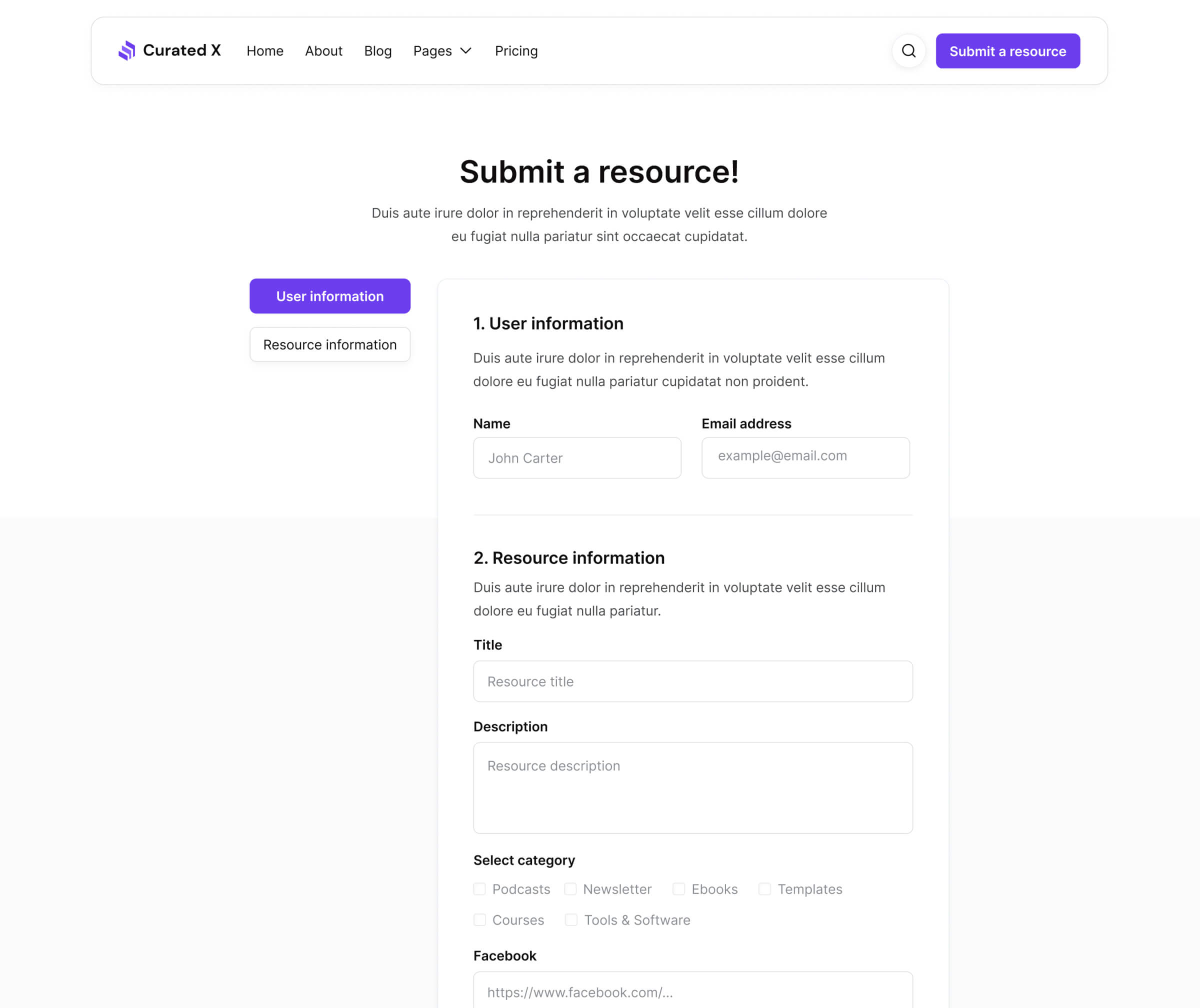 Curated X - Submit A Resource Page - Curation Website Webflow Template