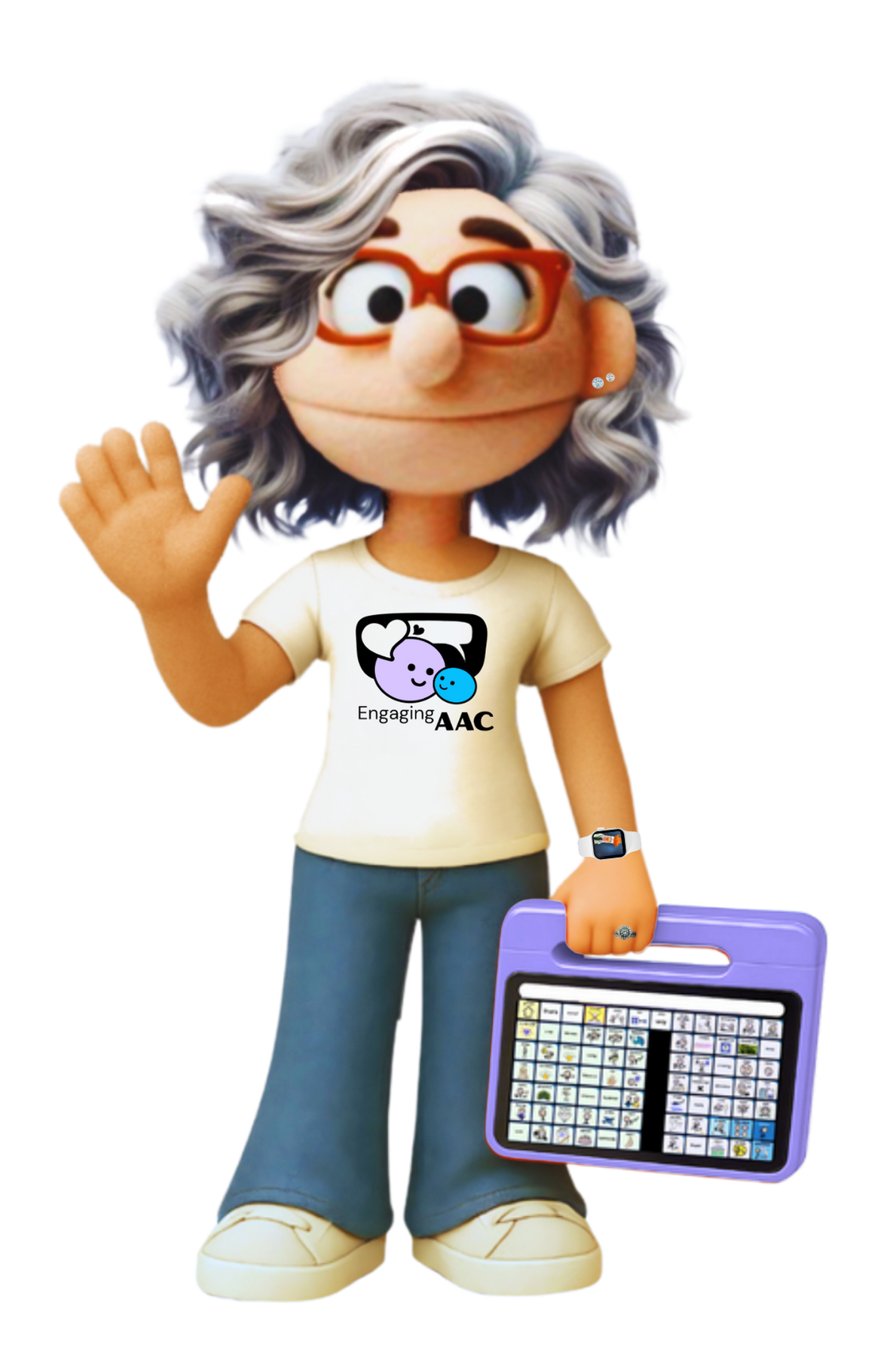 LaurenBot, a friendly Muppet-inspired purple character waving and holding an AAC device in a lavender case