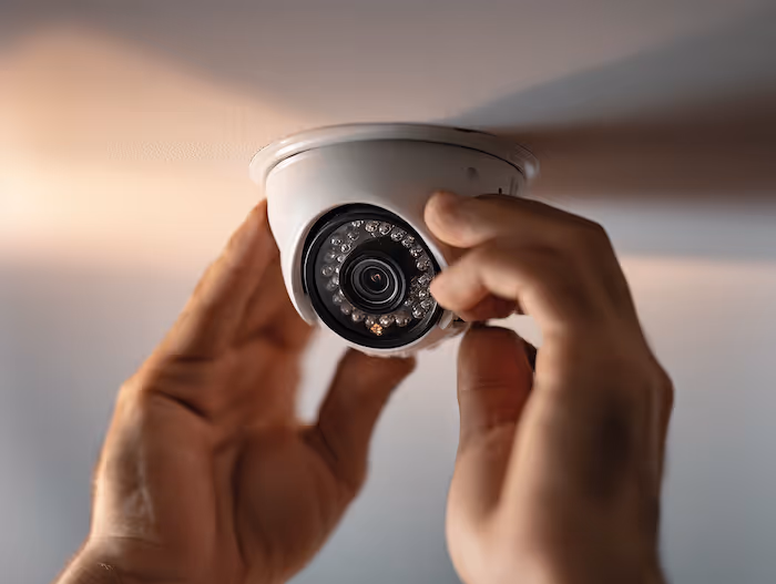 Hands installing a white dome security camera on a ceiling.