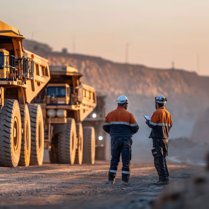 Two miners in orange and navy workwear and helmets standing on a dirt road beside large mining trucks at sunset.