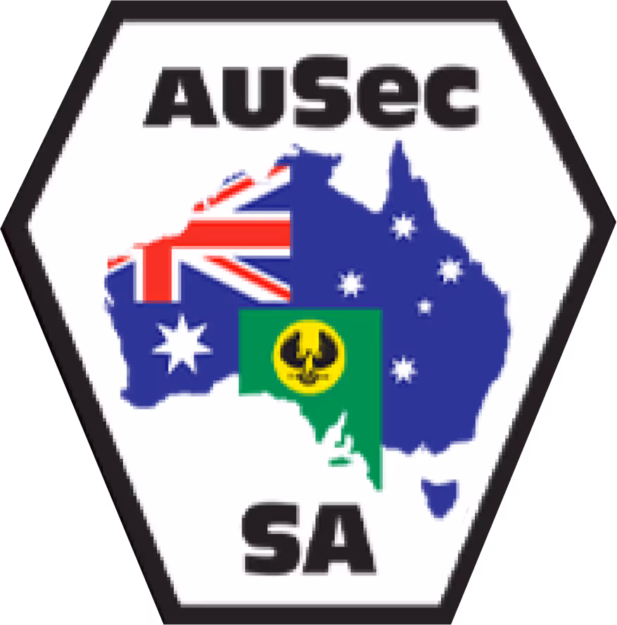 Hexagonal badge with map of Australia featuring Australian flag and South Australia state emblem, labeled AuSec SA.