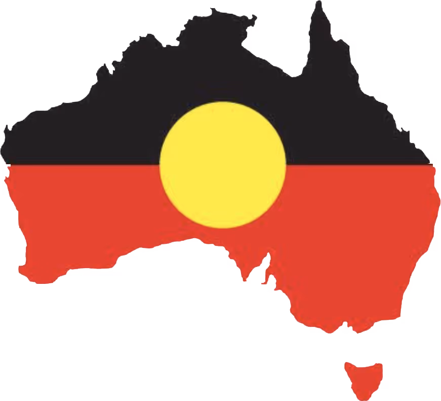 Map of Australia filled with the Aboriginal flag colors: black top half, red bottom half, and yellow circle in the center.