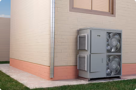 Two large outdoor air conditioning units with fans installed beside a beige brick wall under a window.