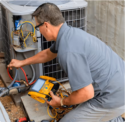 Technician inspecting and testing an outdoor air conditioning unit with diagnostic equipment.