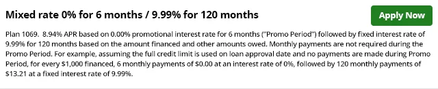 Text describing a mixed interest rate of 0% for 6 months and 9.99% for 120 months with details about Plan 1069, promotional and fixed interest rates, and payment examples, alongside a green 'Apply Now' button.