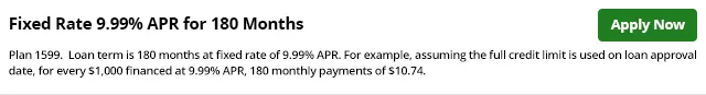 Text describing a fixed rate loan of 9.99% APR for 180 months with example monthly payment and an Apply Now button.