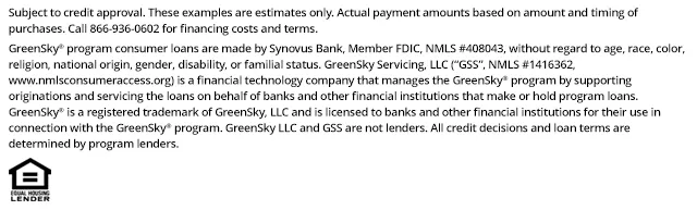 Text explaining terms of GreenSky consumer loans with Equal Housing Lender logo at bottom left.