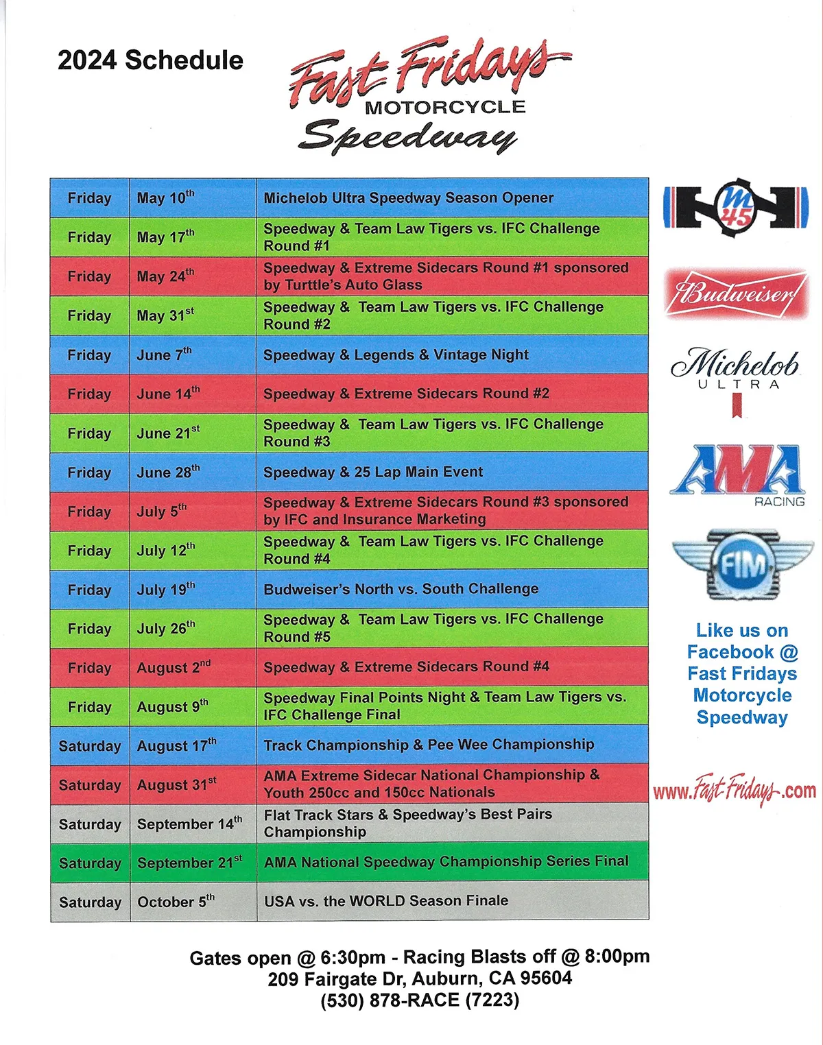 2024 Fast Fridays Motorcycle Speedway race schedule listing event dates, types, and sponsors from May 10 to October 5 with color-coded event categories.