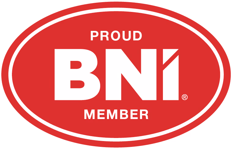 Red oval badge with white text saying 'PROUD BNI MEMBER'.