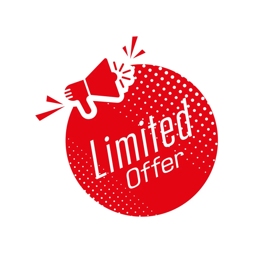Red circular badge with white text reading 'Limited Offer' and a red megaphone icon emitting sound lines.