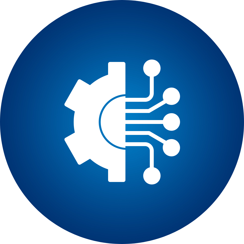 Half gear and half circuit board design symbolizing automation and technology on a blue circular background.