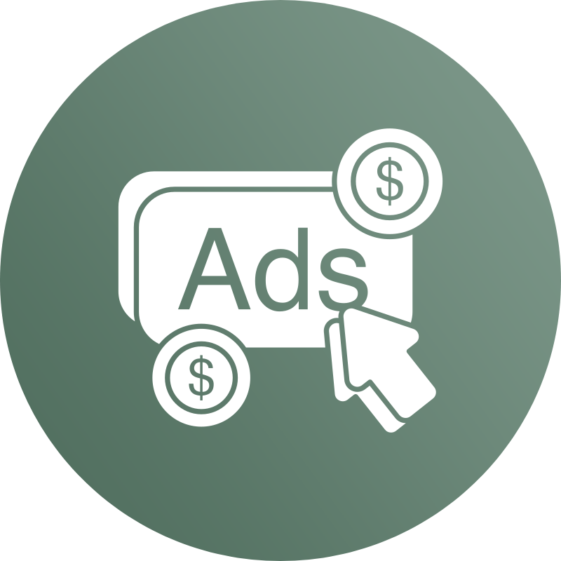 Icon with text 'Ads' on a card, dollar signs, and a clicking cursor symbolizing paid advertisements.