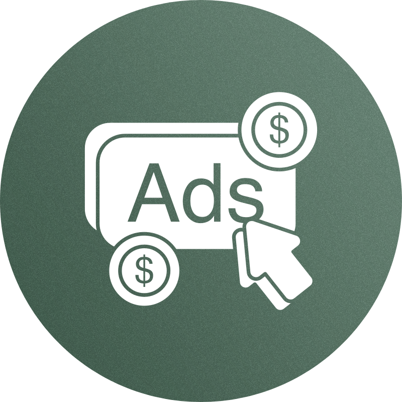 Icon of online ads with a cursor clicking and dollar signs indicating paid advertising.