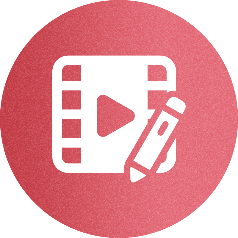 White video editing icon of a film strip with play button and pencil on a red circular gradient background.
