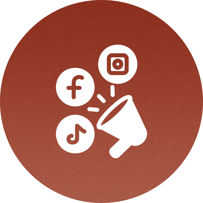 White megaphone icon with social media icons for Facebook, Instagram, and TikTok on a brown circular background.