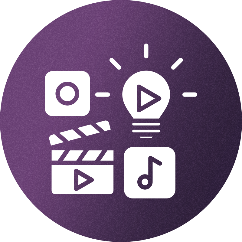 Purple circular icon with white multimedia symbols including a light bulb with a play button, a clapperboard, a music note, and a recording button.