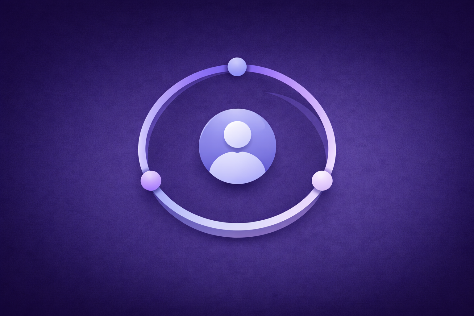 Purple icon of a person surrounded by an orbit with three orbiting spheres on a dark purple background.