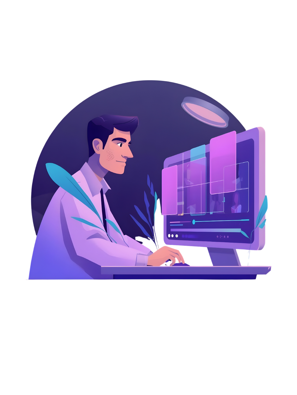 Illustration of a man in a white shirt sitting at a desk and interacting with a large transparent digital screen displaying charts and data.