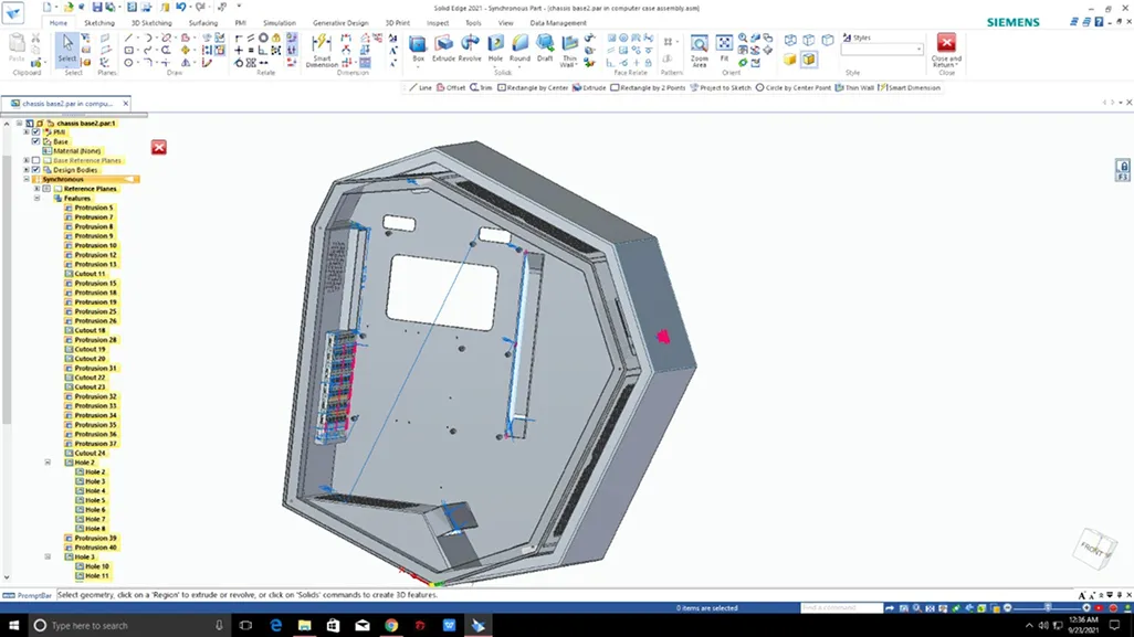 3D CAD model of a hexagonal chassis base with various cutouts and protrusions displayed in Siemens Solid Edge software interface.