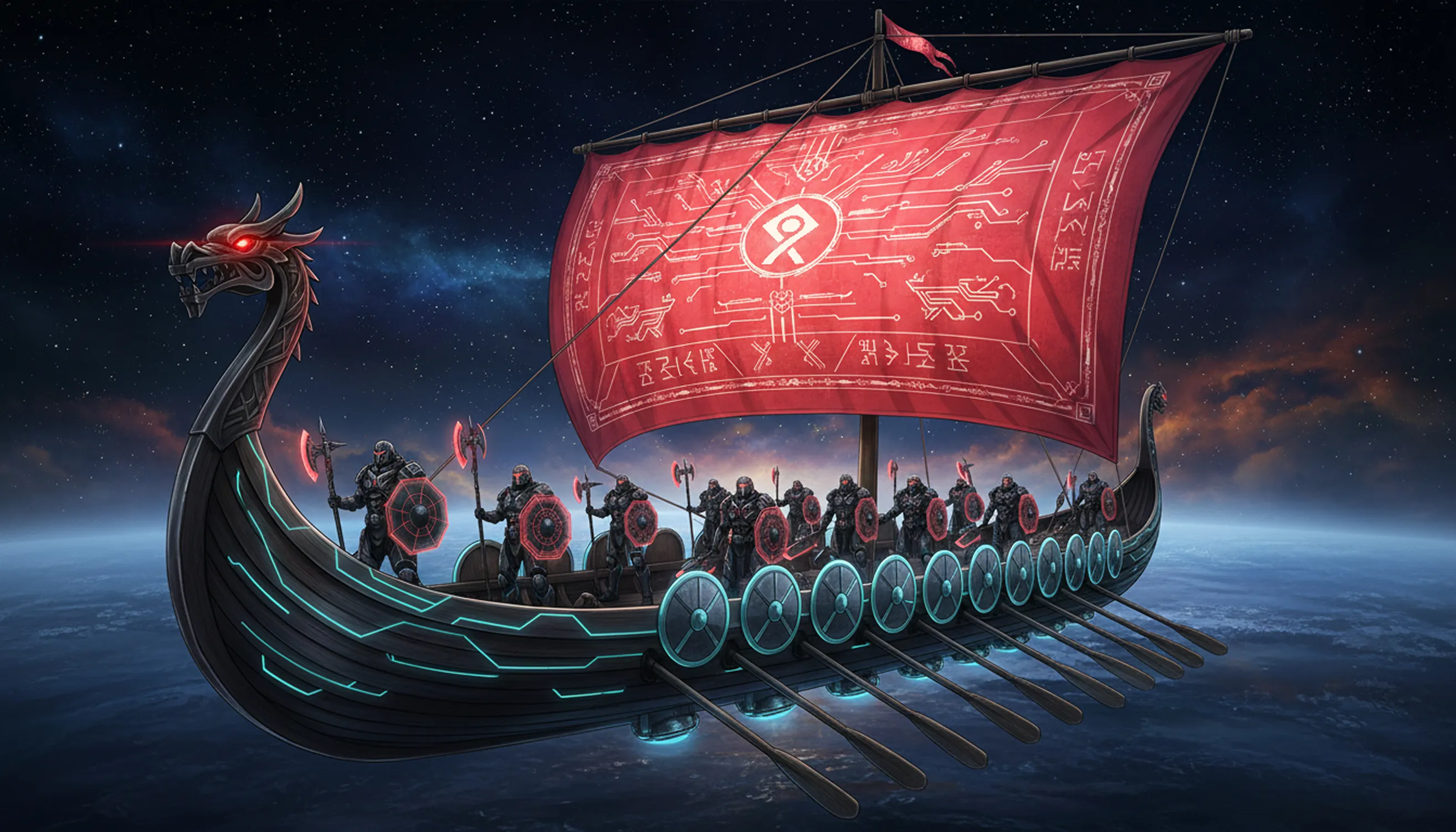 Futuristic Viking-style ship with glowing blue shields and neon accents, carrying armored warriors under a red sail with circuit-like patterns, floating above Earth in space.