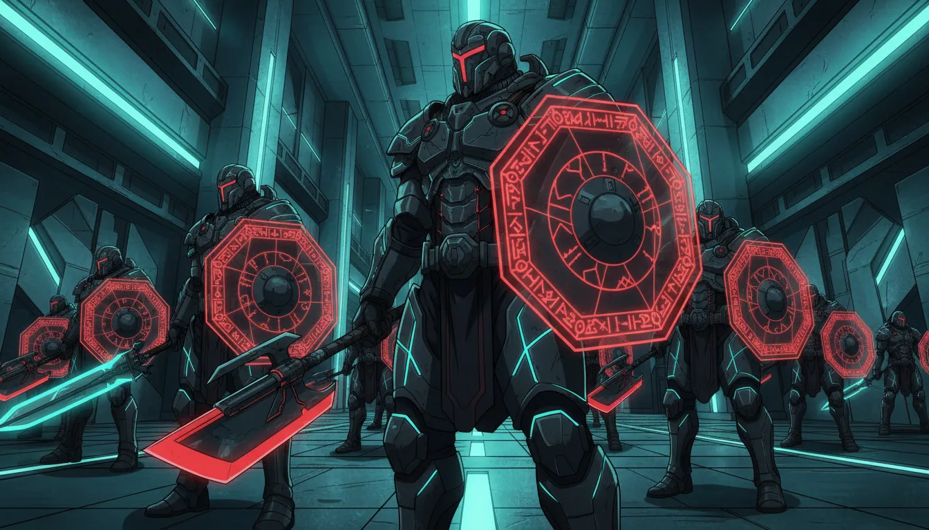 Futuristic armored warriors with glowing red shields and weapons standing in a high-tech corridor.