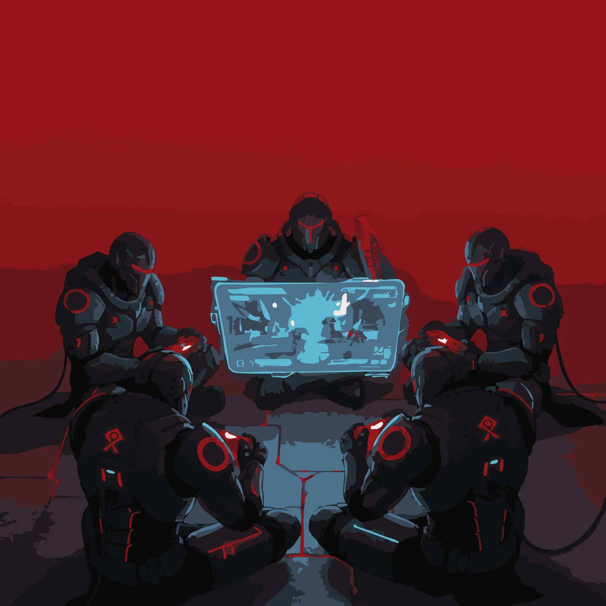 Five futuristic armored soldiers sitting in a circle playing video games on controllers with a holographic game screen in the center.