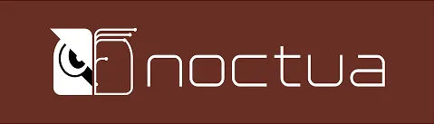 Noctua branding with stylized owl eye logo and white text on brown background.