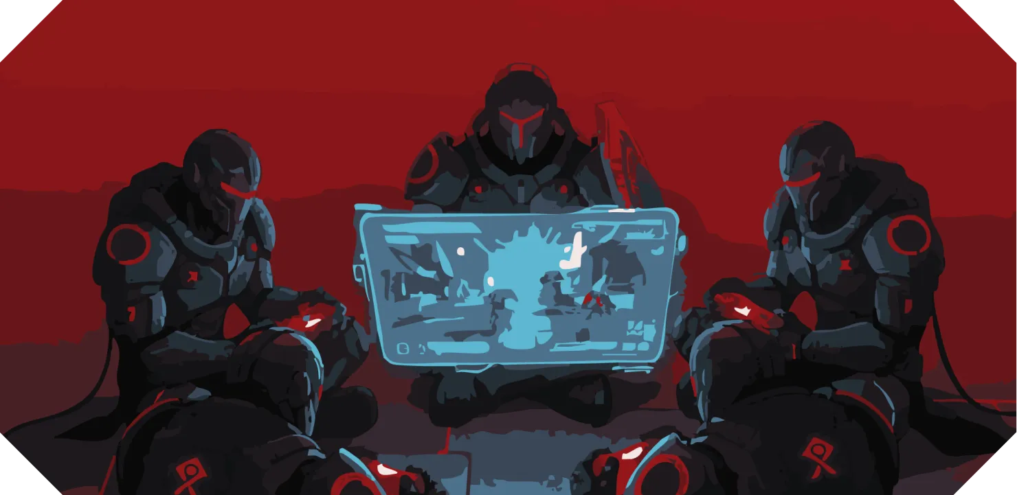 Five futuristic armored soldiers sitting in a circle around a glowing blue holographic screen displaying tactical data against a red background.