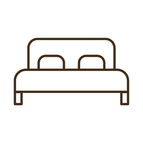 Simple line icon of a bed with two pillows and a headboard.