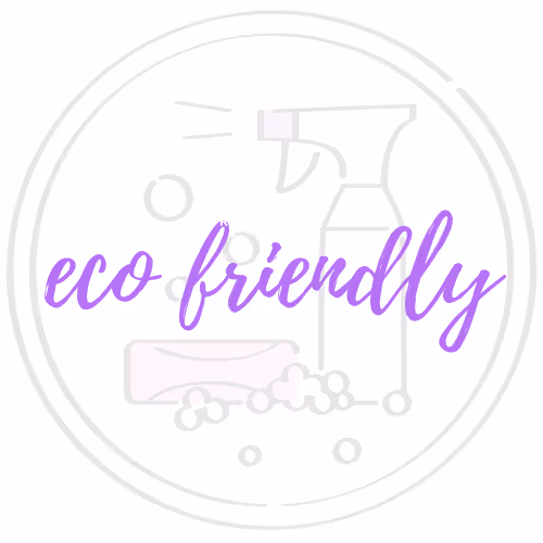 Circular icon with a spray bottle, bar of soap with bubbles, and the text 'eco friendly' in purple script.