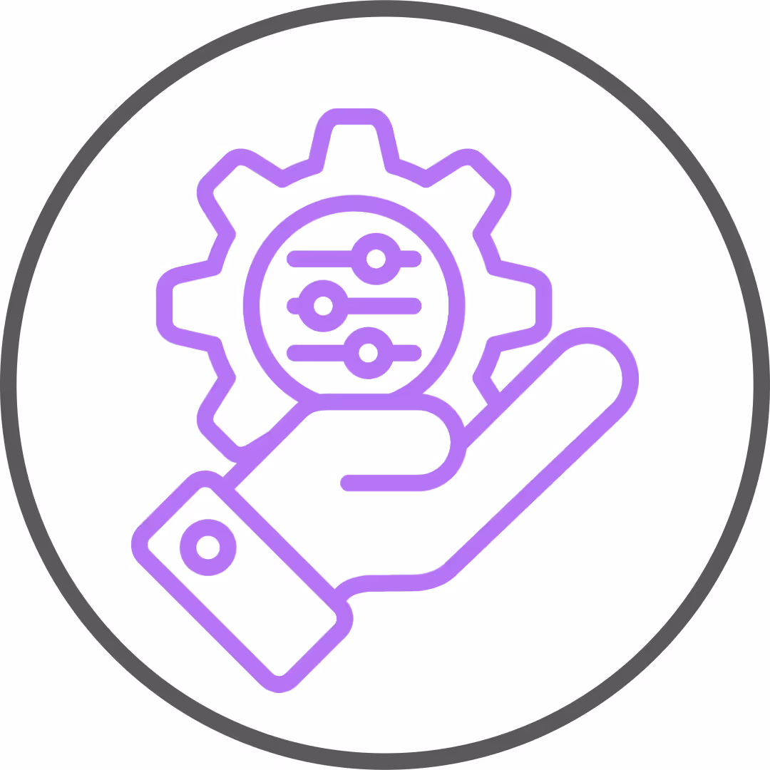 Purple outline of a hand holding a gear with control sliders inside, representing settings or customization.