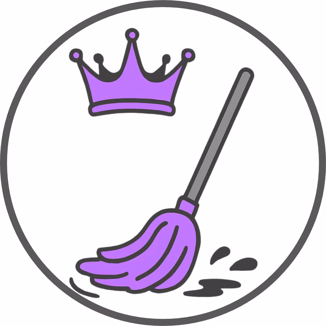 Purple mop with a purple crown above it inside a circular gray border.