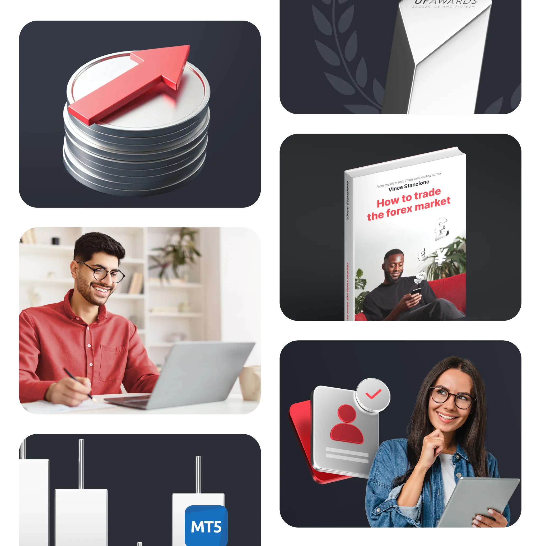 Collage of trading resources including a forex ebook, charts, and students, inviting users to explore Deriv's educational content