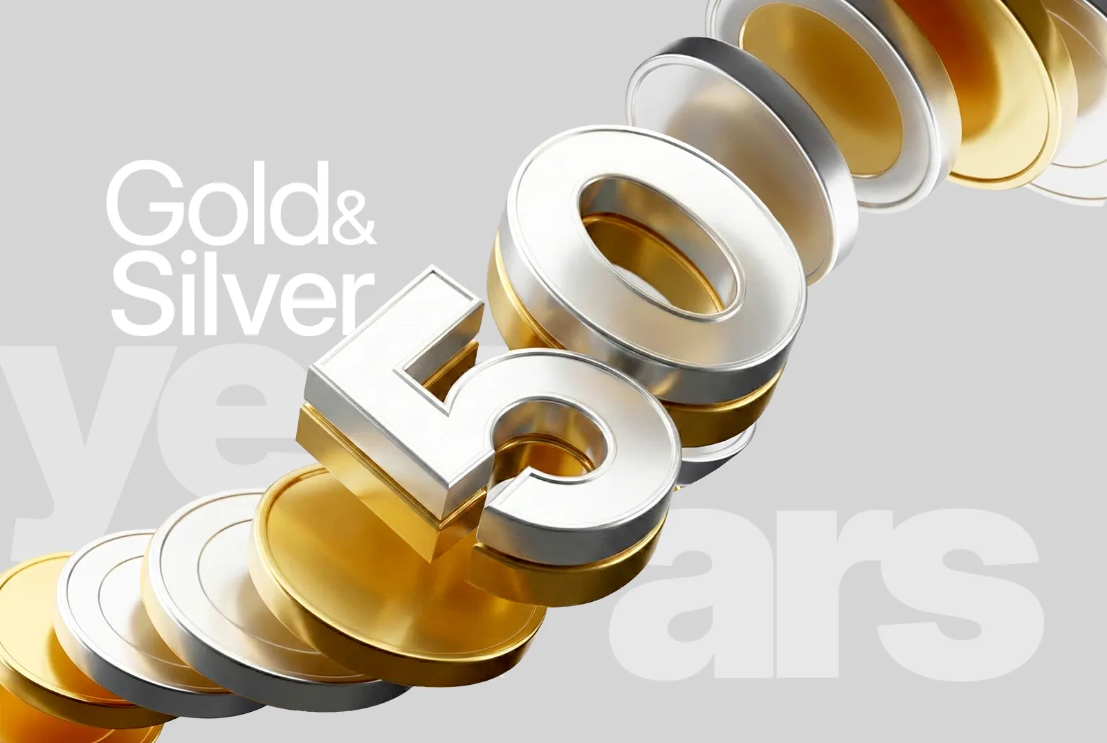 3D illustration featuring interlocking gold and silver coins with the number 50 to symbolize a 50-year historical market cycle