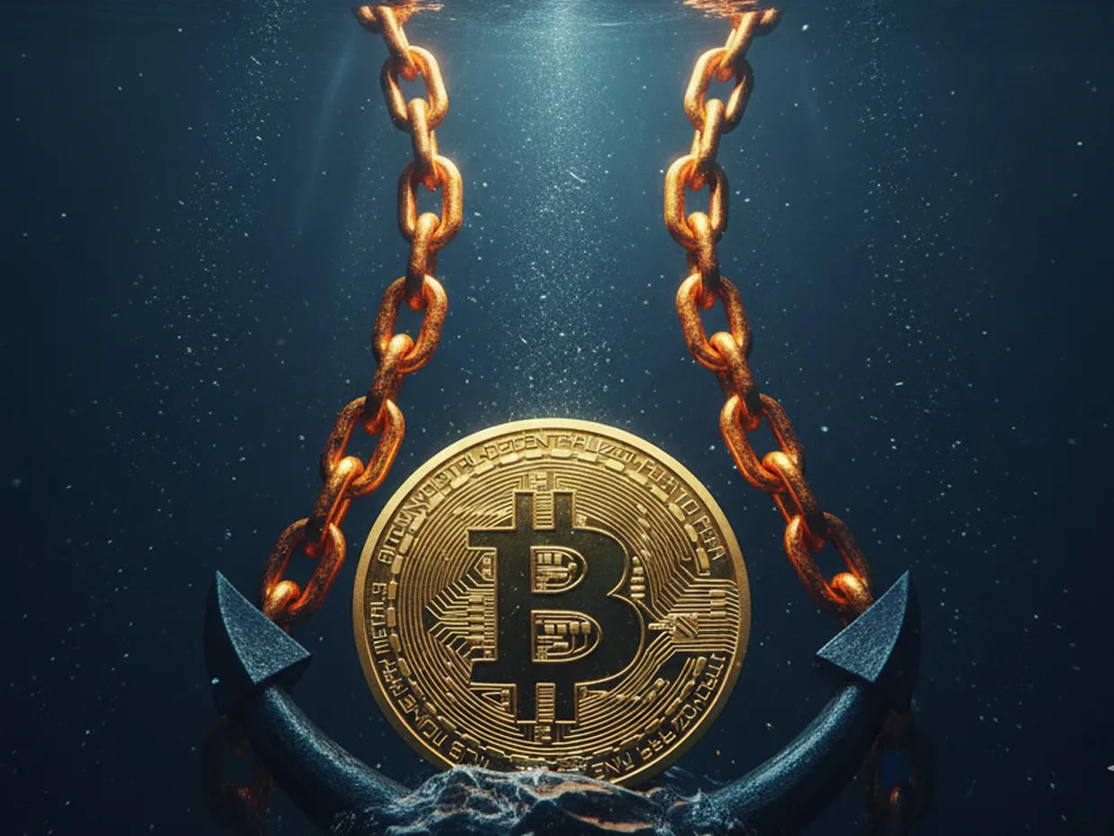Bitcoin coin with breaking chains symbolizing institutional adoption and loss of original cryptocurrency ethos